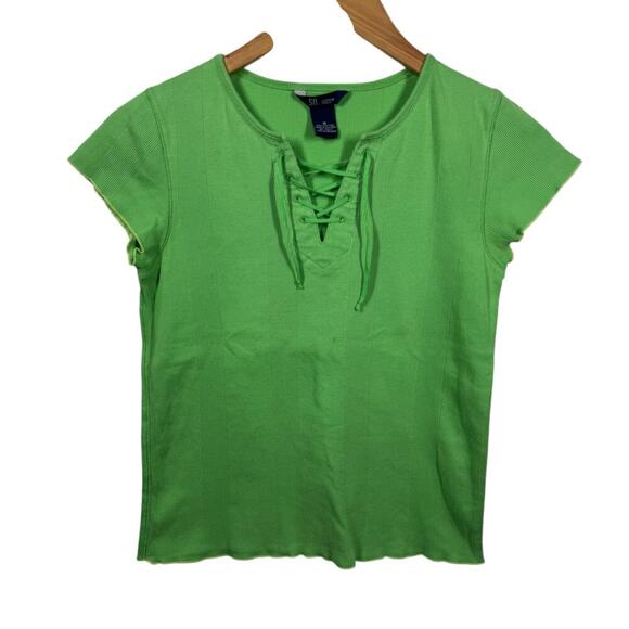 Women M Baby Tee Kelly Green Lettuce Hem Tie Neck Line Y2K Bratz Ribbed Cotton - Picture 1 of 6